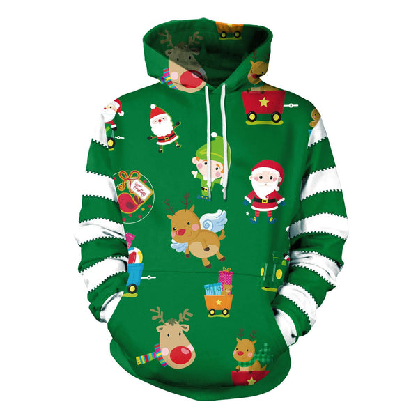 Reindeer Santa Claus Print Women Drawstring Christmas Party Hoodie