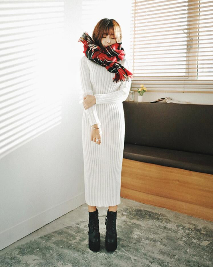 Fashion Ribbed High Neck Long Sleeve Knit Long Sweater Dress