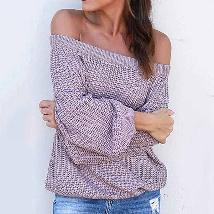 Off the Shoulder Women Long Bishop Sleeves Loose Pullover Sweater