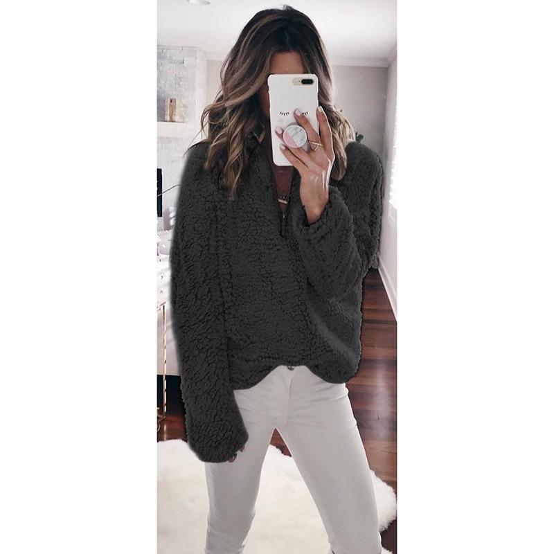 Solid Color Fluffy Stand Collar Zipper Women Loose Sweatshirt