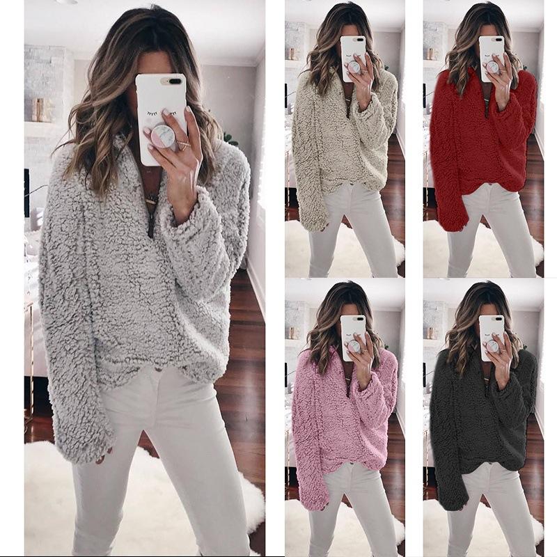 Solid Color Fluffy Stand Collar Zipper Women Loose Sweatshirt