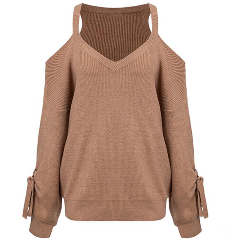 Off the Shoulder Straps Bowknot Women Loose Pullover Thin Sweater