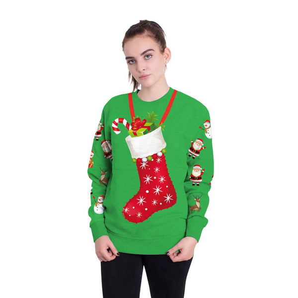 Gifts Sock Cartoon Print Women Scoop Christmas Party Sweatshirt