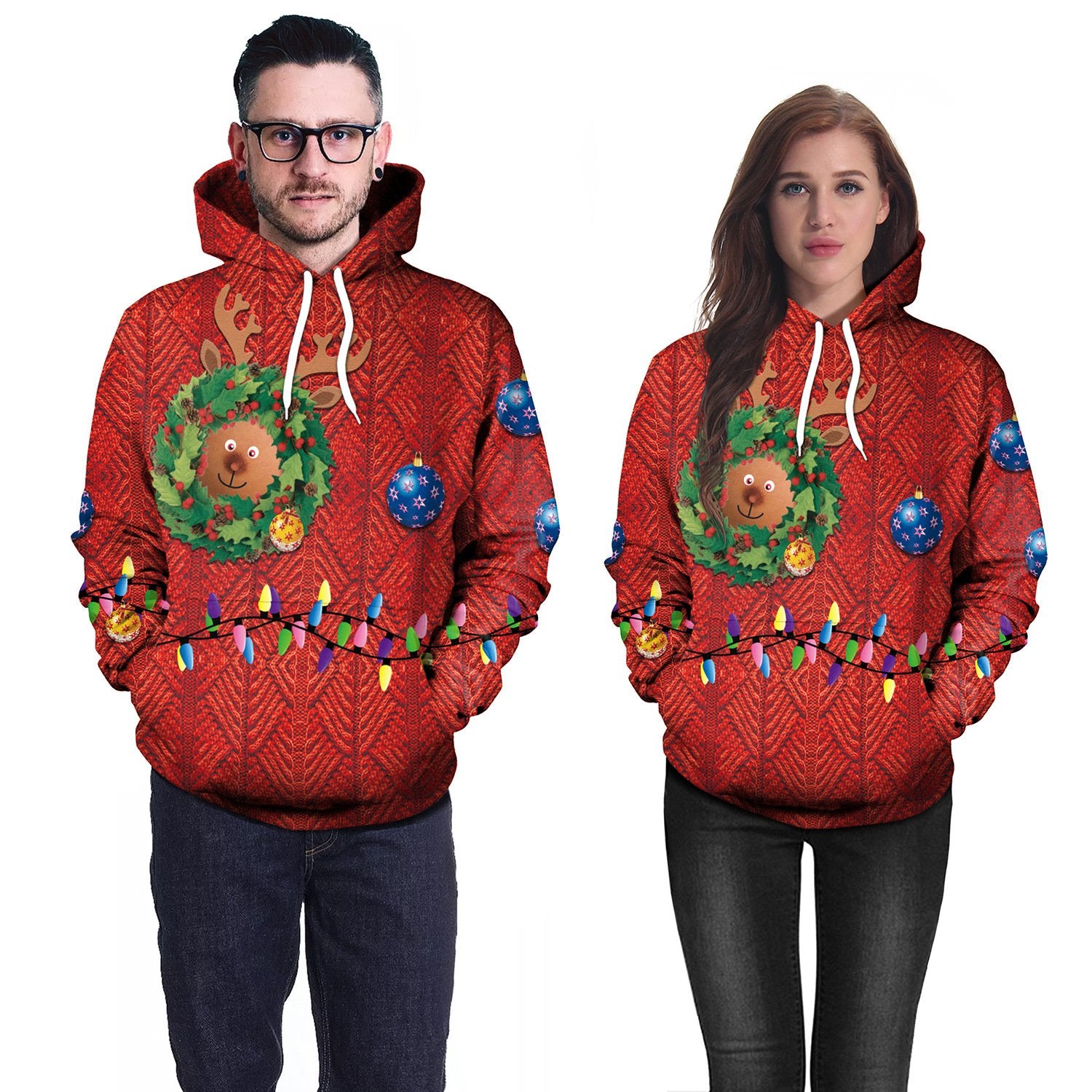3D Digital Color Print Women Drawstring Christmas Party Hoodie
