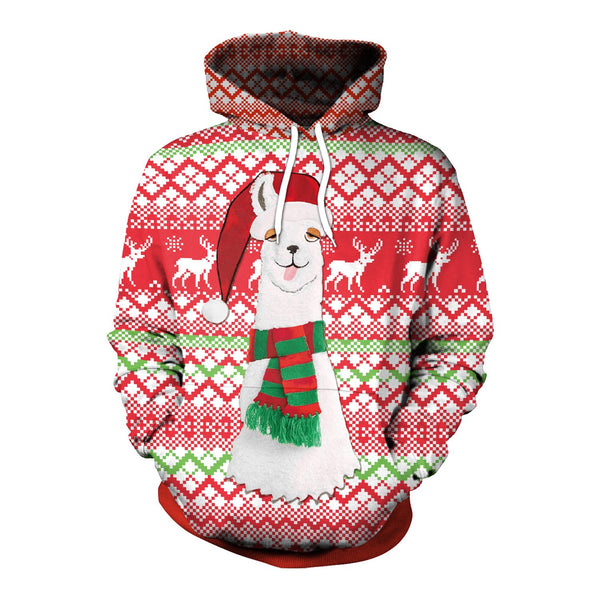 Alpaca Digital Print Women Drawstring Christmas Party Hoodie