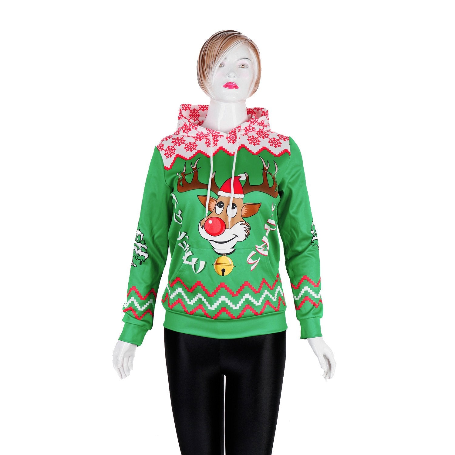 Reindeer Print Drawstring Women Merry Christmas Party Hoodie