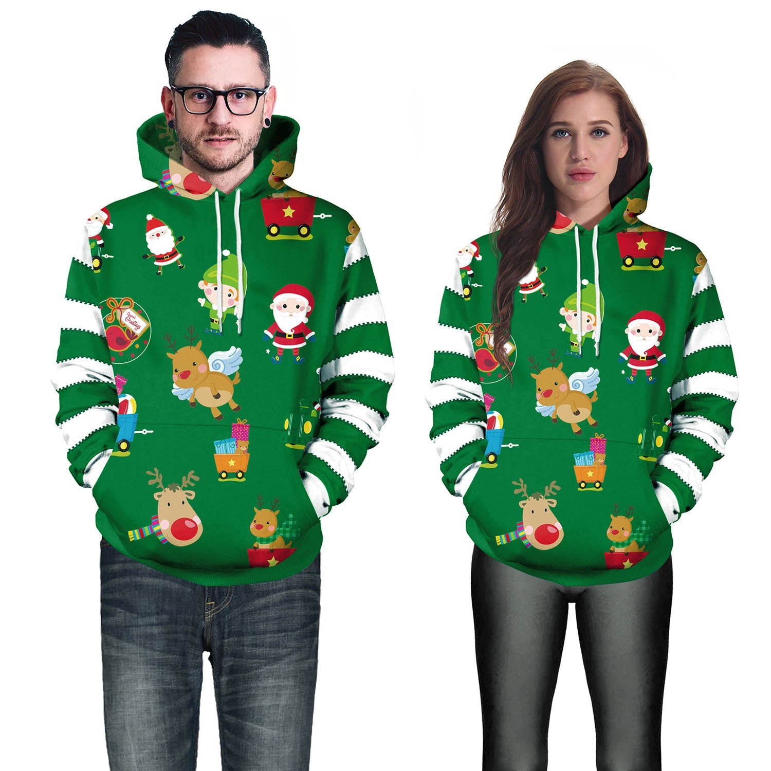 Reindeer Santa Claus Print Women Drawstring Christmas Party Hoodie