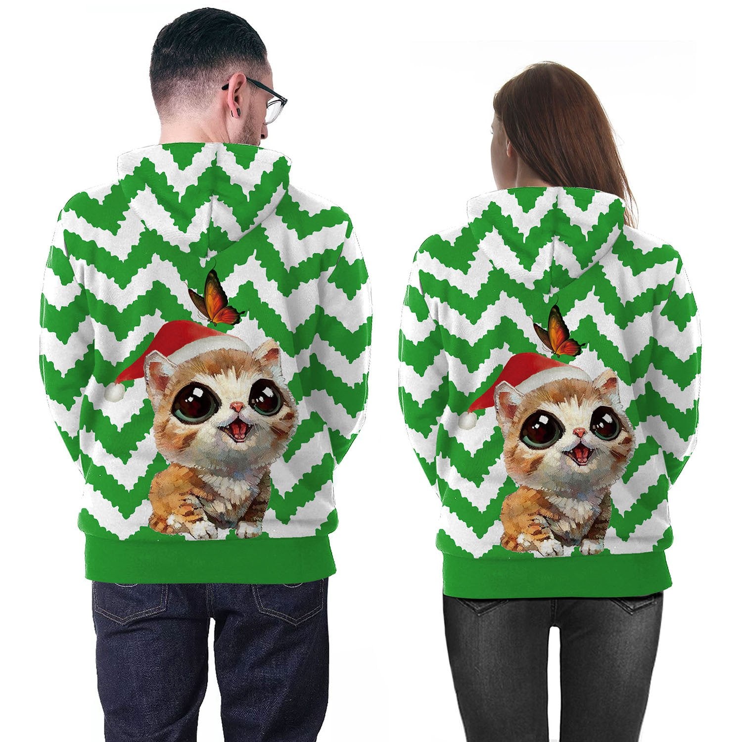 Cat Butterfly Cartoon Digital Print Women Christmas Party Hoodie