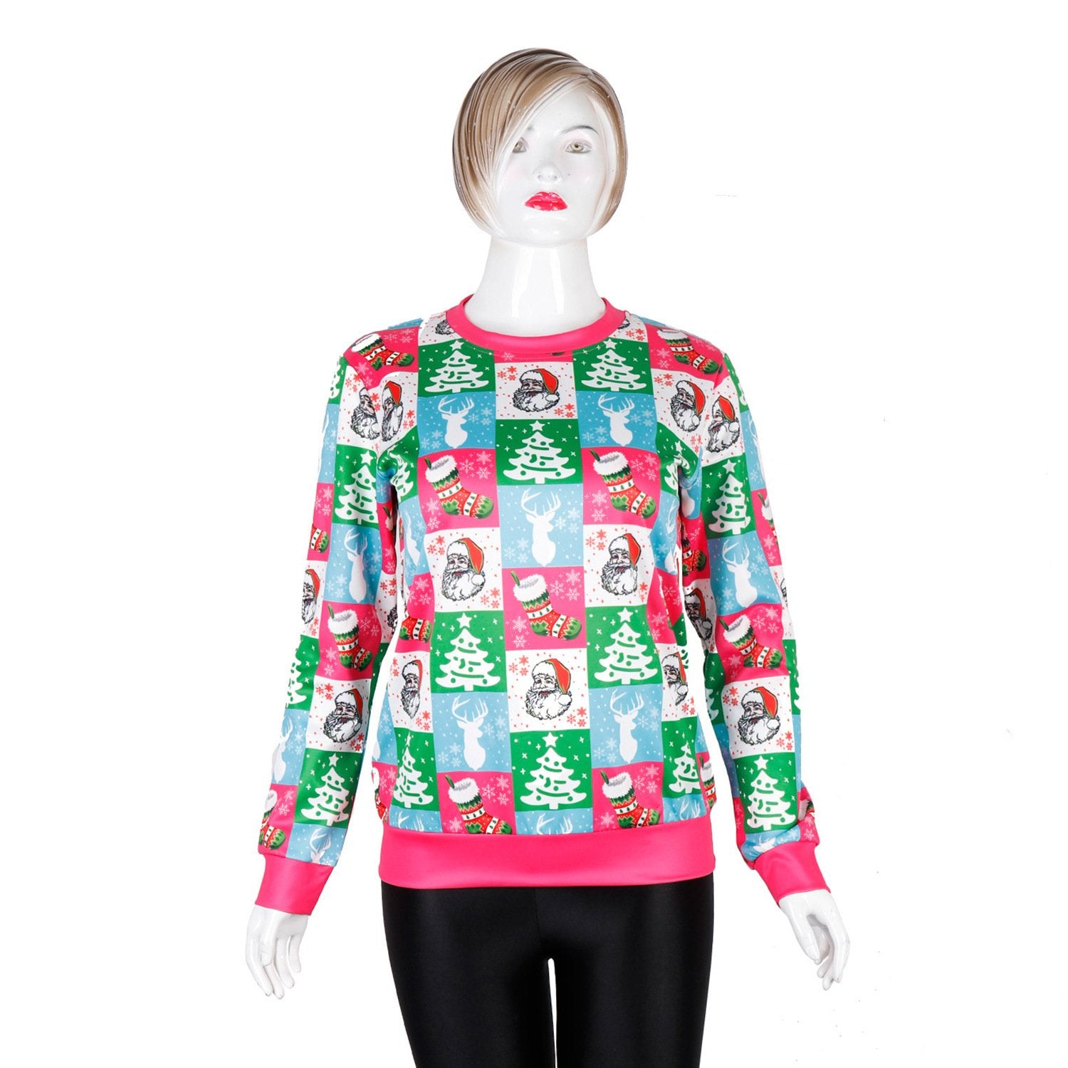 Patchwork Christmas Tree Santa Claus Digital Print Women Sweatshirt
