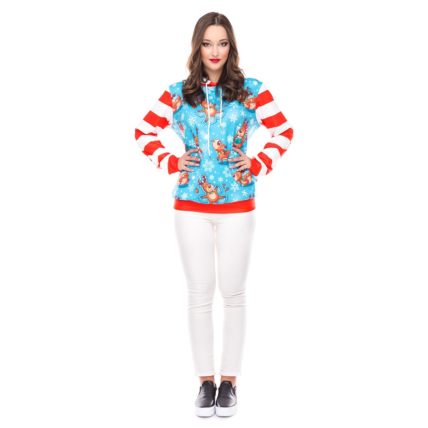 Patchwork Reindeer Snow Print Women Drawstring Christmas Hoodies