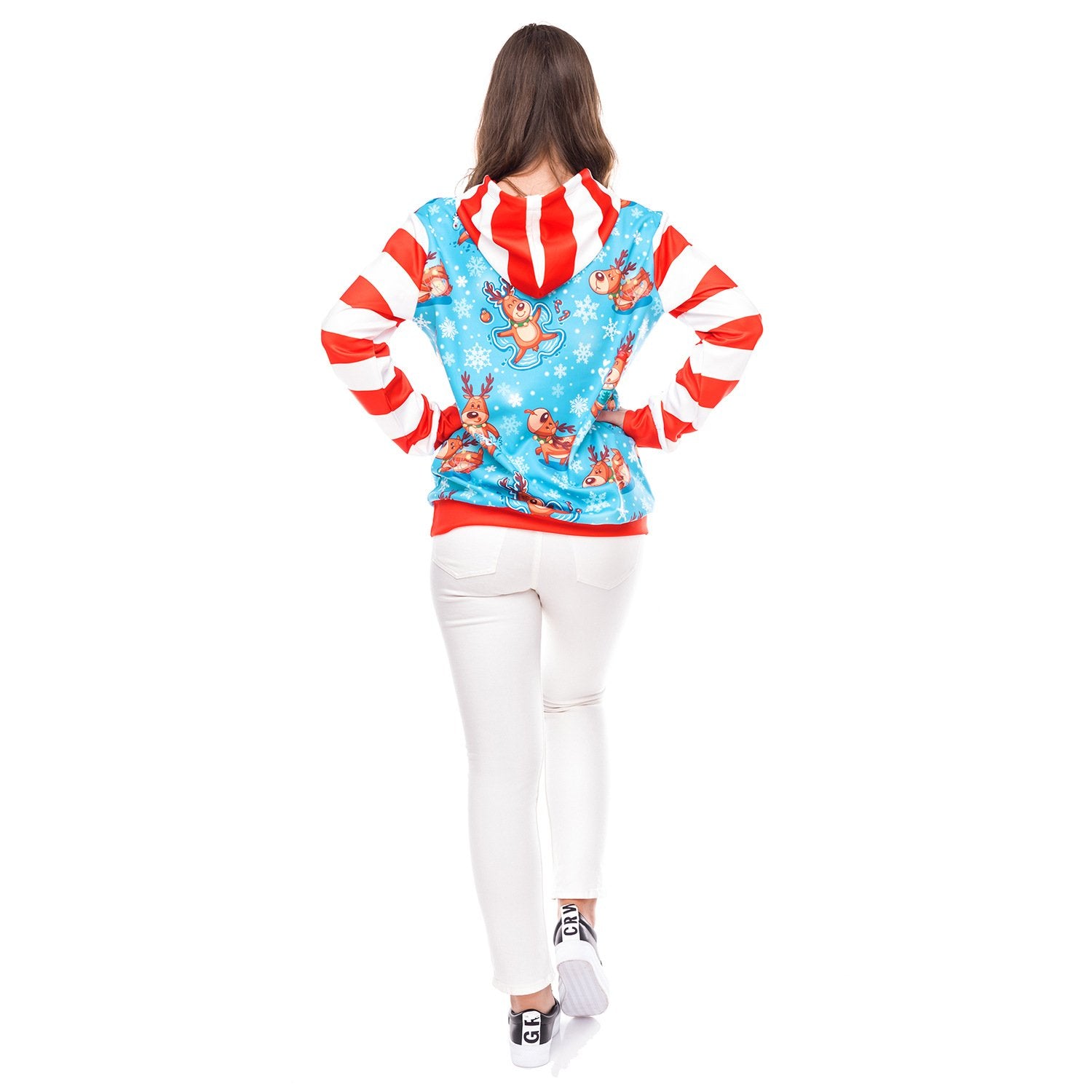 Patchwork Reindeer Snow Print Women Drawstring Christmas Hoodies