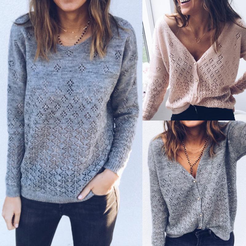 Scoop V-neck Buttons Hollow Out Women Reversible Cardigan