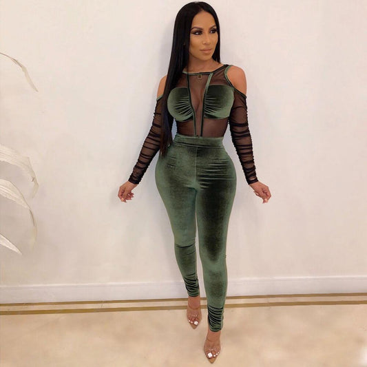 Sexy Long Sleeves Bodycon Mesh Velvet Patchwork Skinny Jumpsuits