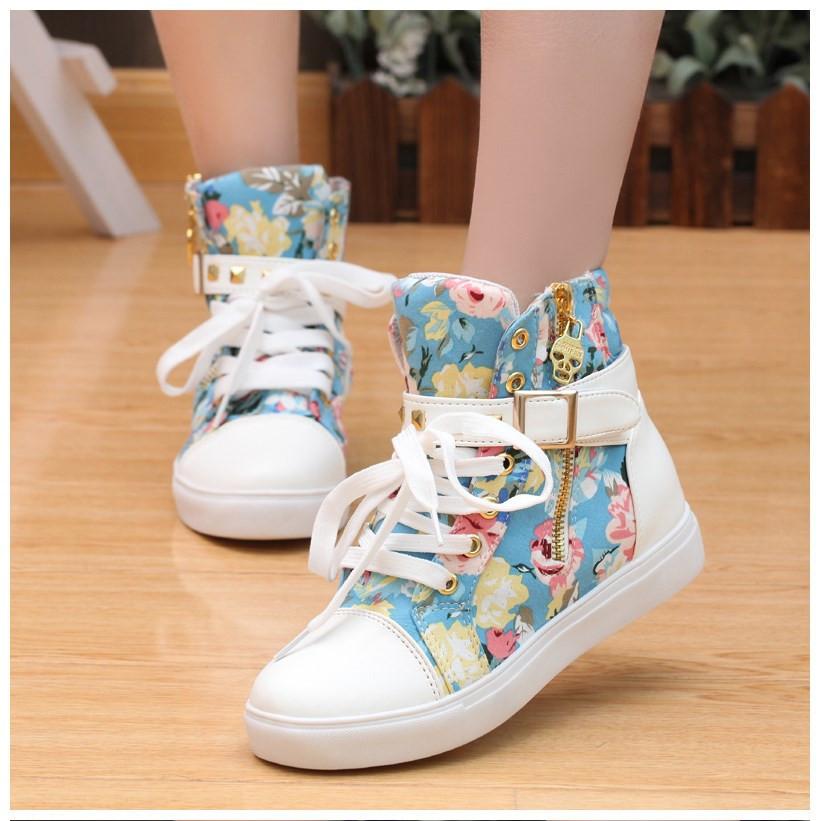 Cute Floral Print Skull Lace Up High Cut Women Sneakers - MeetYoursFashion - 3