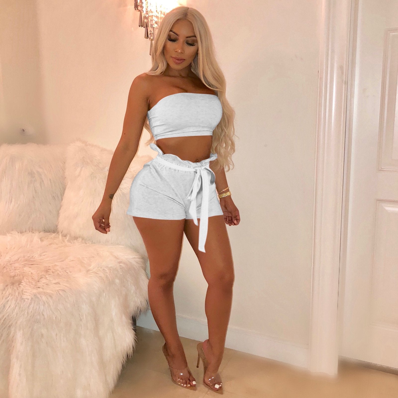 Strapless Crop Top With Ruffles Straps Shorts Women Two Pieces Set