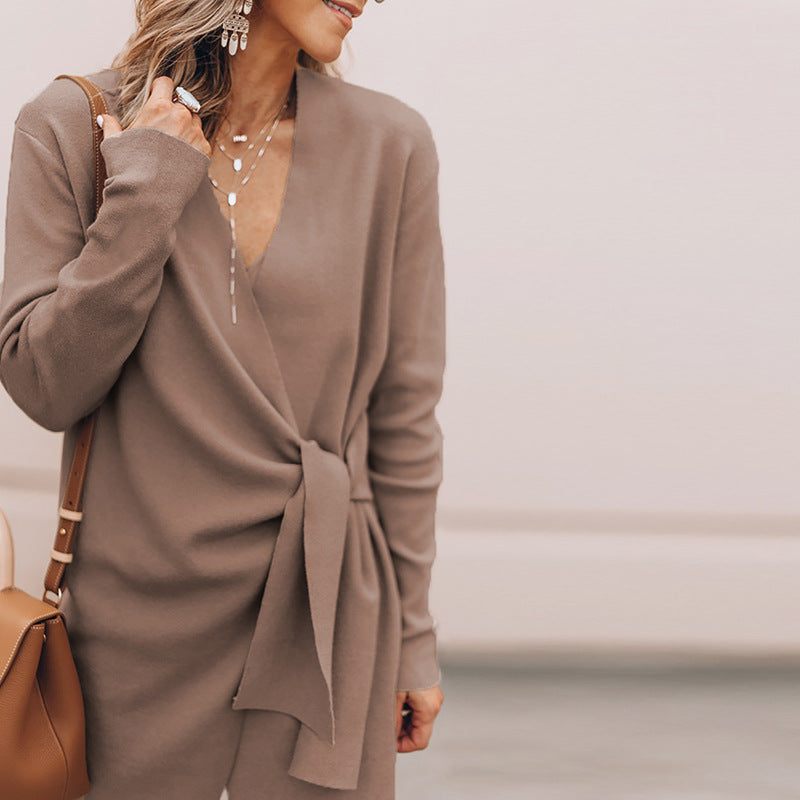 V-neck Solid Color Women Oversized Irregular Straps Bandage Coat