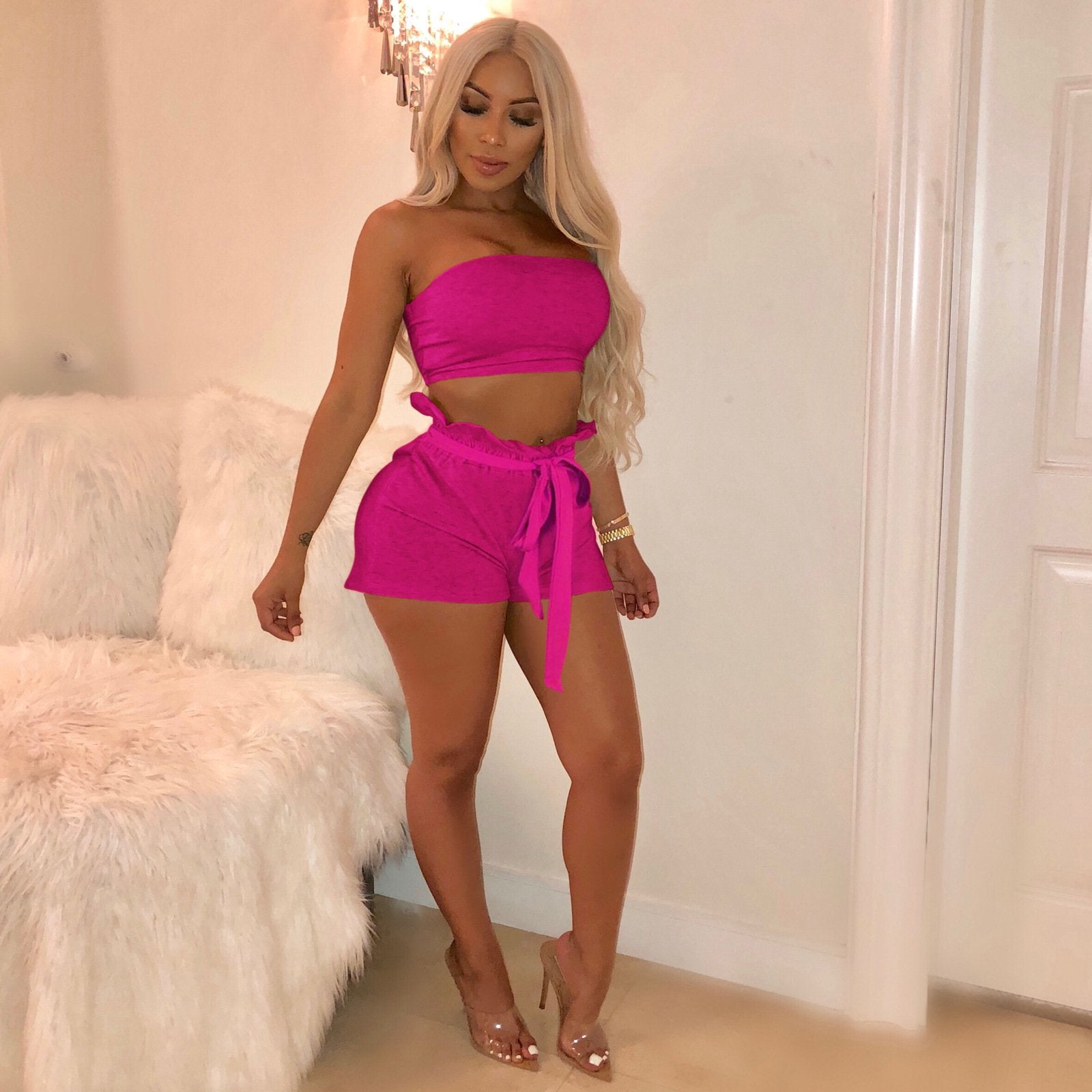 Strapless Crop Top With Ruffles Straps Shorts Women Two Pieces Set