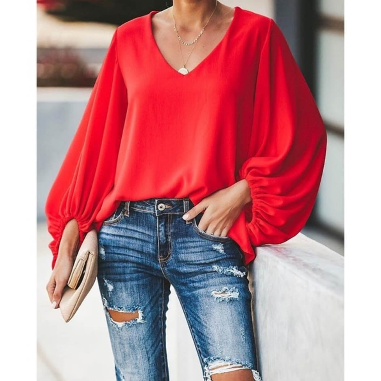 V-neck Loose Long Lantern Sleeves Blouse