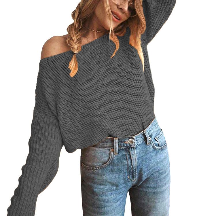 Boat Neck Bare Shoulder Solid Color Women Pullover Sweater