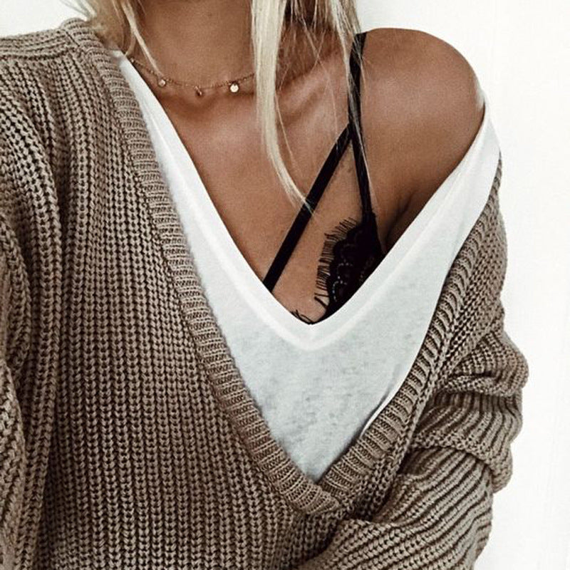 Deep V-neck Candy Color Women Loose Pullover Sweater