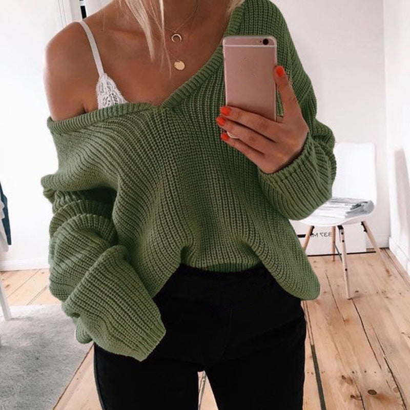 Deep V-neck Candy Color Women Loose Pullover Sweater