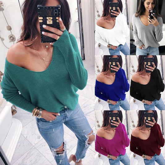 Deep V-neck Big Neckline Solid Candy Color Women Loose Sweater