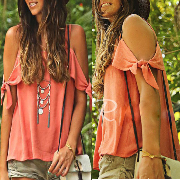 Off-shoulder Pure Color Casual Scoop Chiffon Blouse