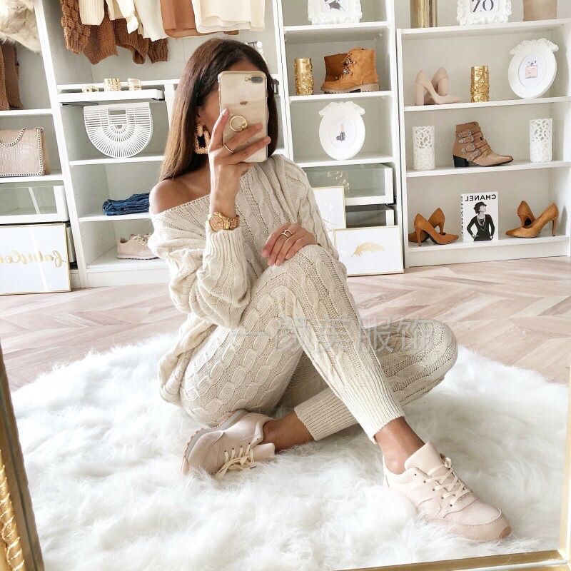 Solid Color Cable Knit Top with Long Skinny Pants Two Pieces Sweater Set