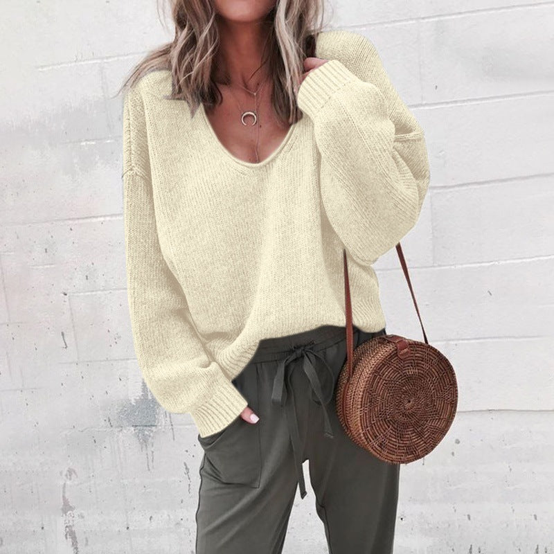 V-neck Candy Solid Color Women Loose Pullover Sweater
