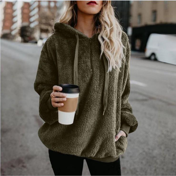Fluffy Drawstring Solid Color Women Teddy Hoodie