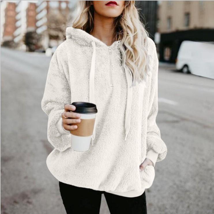 Fluffy Drawstring Solid Color Women Teddy Hoodie