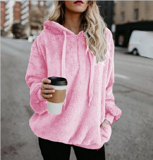 Fluffy Drawstring Solid Color Women Teddy Hoodie