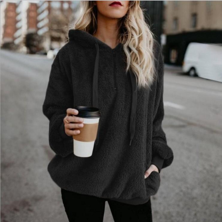 Fluffy Drawstring Solid Color Women Teddy Hoodie