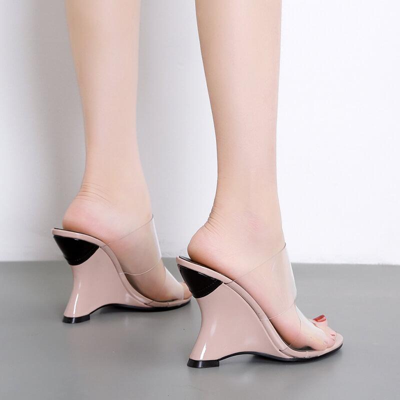 Wedge PVC PU Open Toe Chunky Heel Cutout Sandals