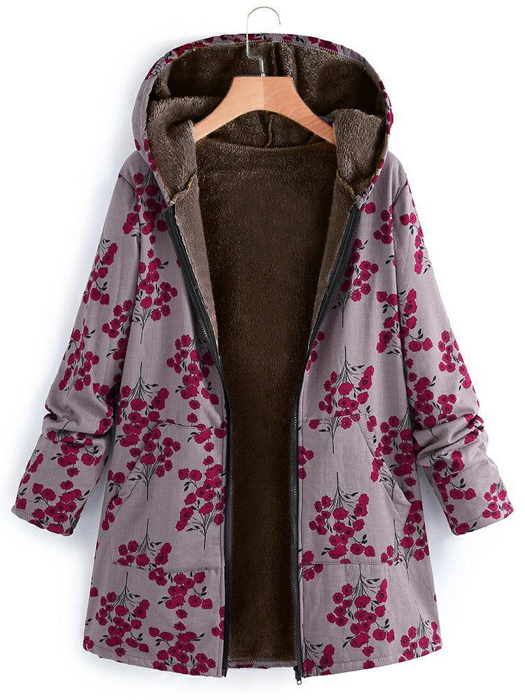 Floral Print Zipper Women Hooded Long Oversized Plus Size Coat