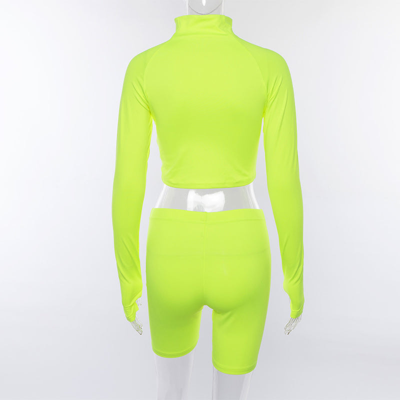 Fluorescent Color Crop Top with High Waist Shorts Women Two Pieces Set