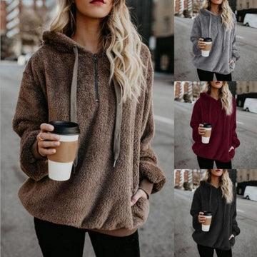 Fluffy Drawstring Solid Color Women Teddy Hoodie