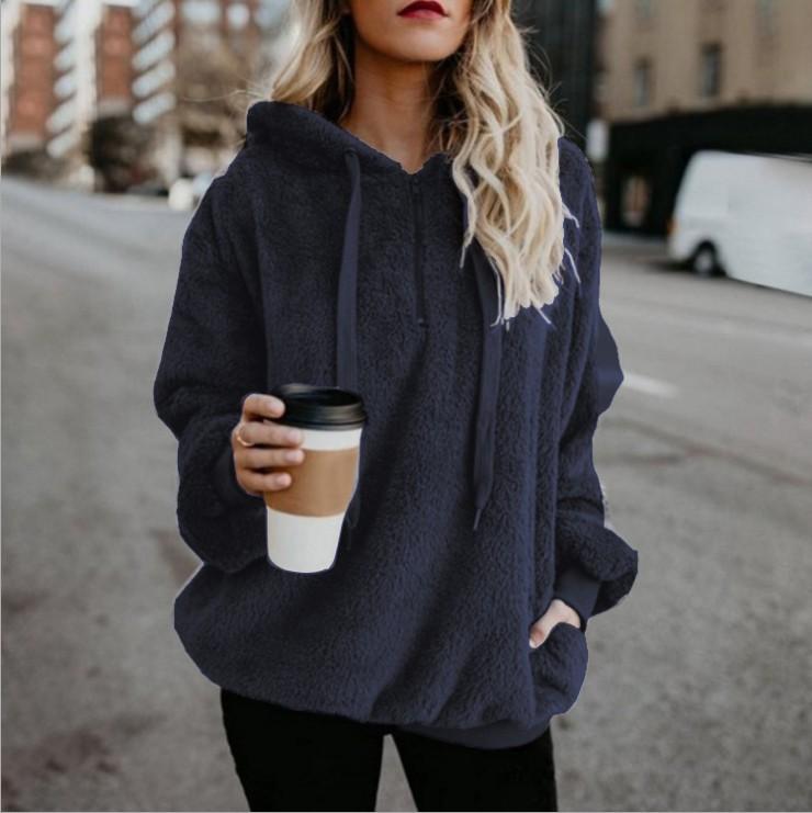 Fluffy Drawstring Solid Color Women Teddy Hoodie