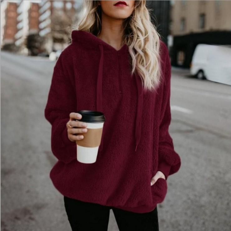 Fluffy Drawstring Solid Color Women Teddy Hoodie