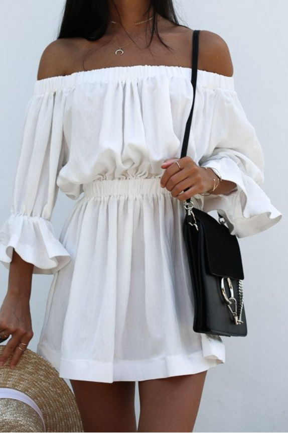 Off Shoulder Trumpet Half Sleeves Pure Color Short Dress