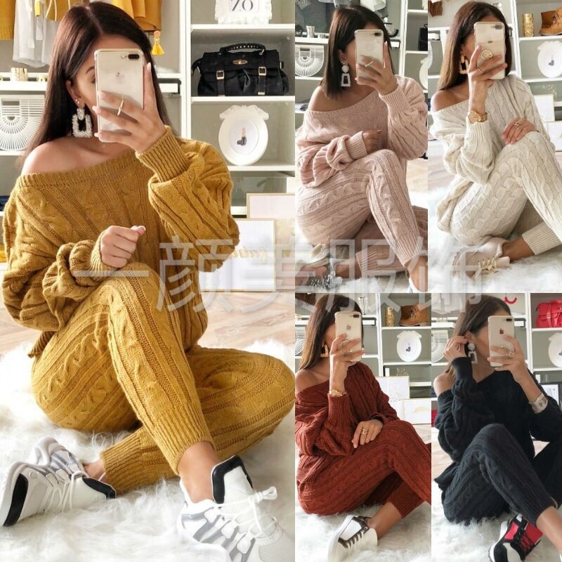 Solid Color Cable Knit Top with Long Skinny Pants Two Pieces Sweater Set