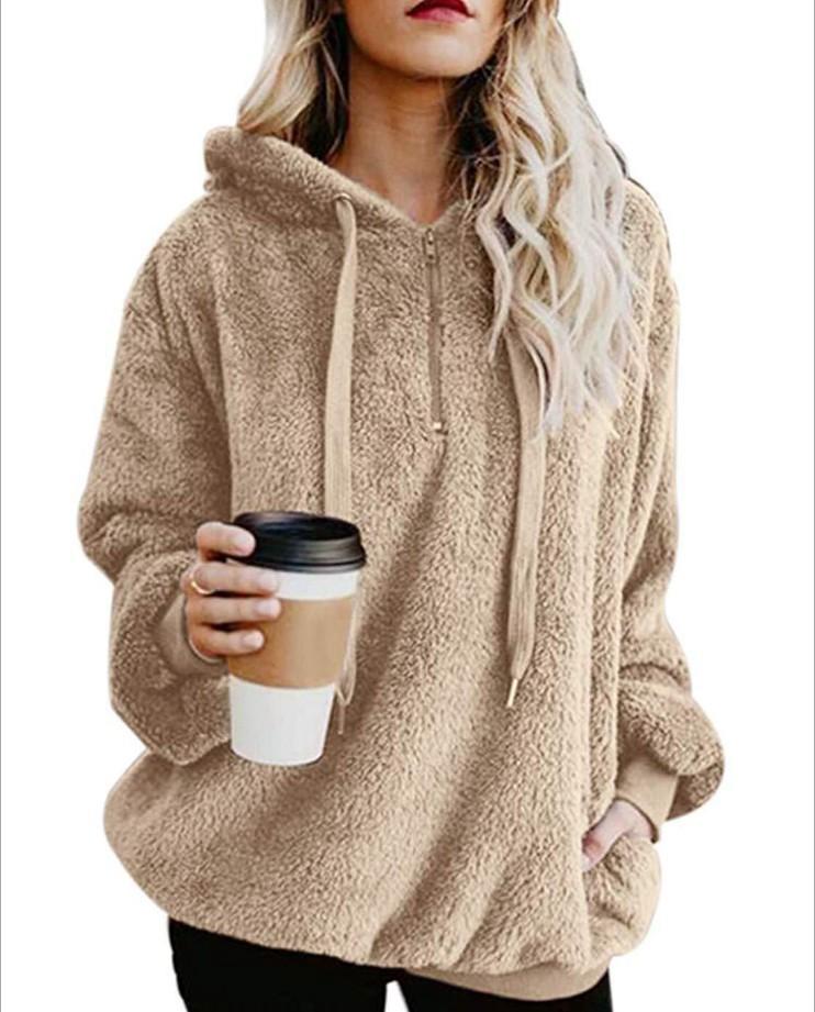 Fluffy Drawstring Solid Color Women Teddy Hoodie