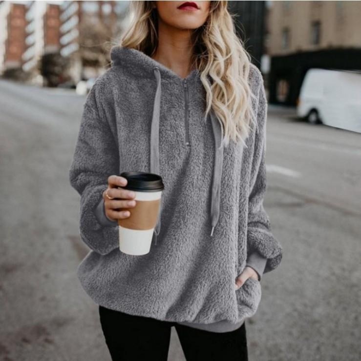 Fluffy Drawstring Solid Color Women Teddy Hoodie