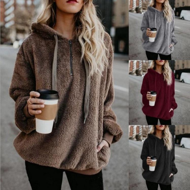 Fluffy Drawstring Solid Color Women Teddy Hoodie