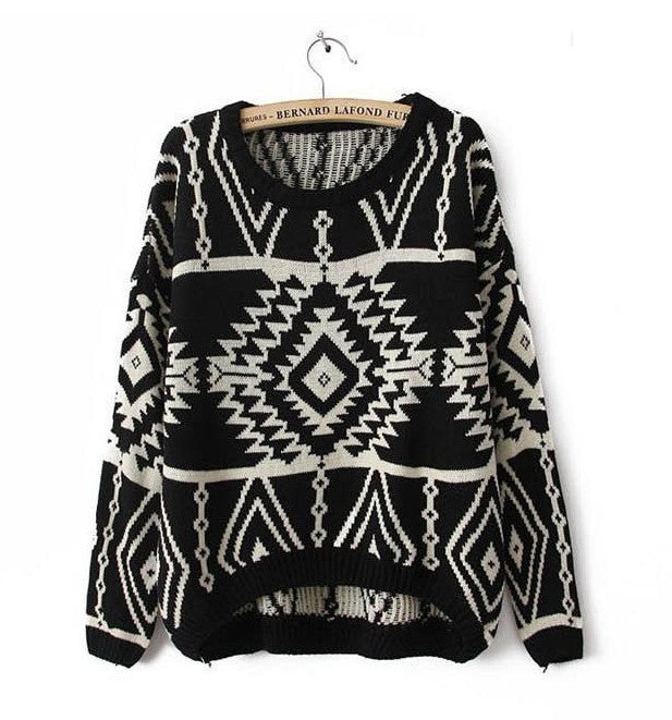Geometric Argyle Long-Sleeved Loose Knit Scoop Pullover Sweater