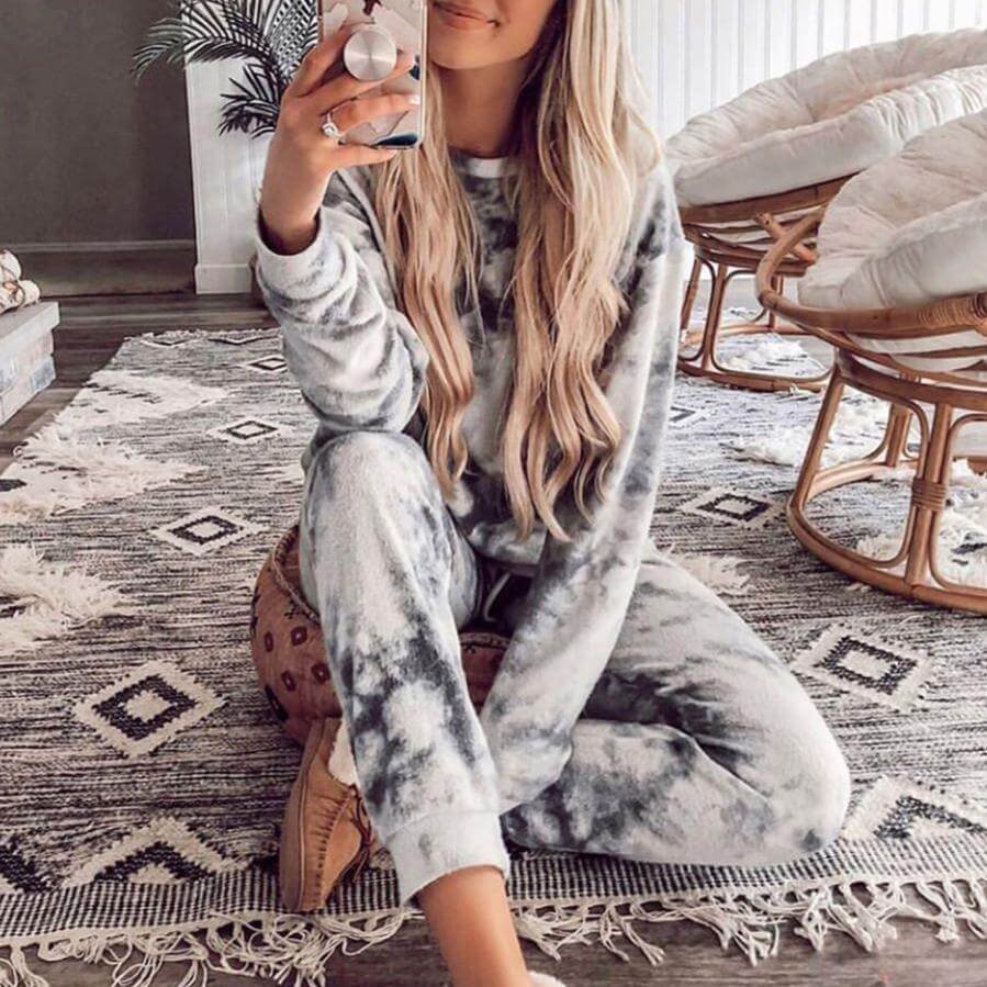 Home Tie Dye Loose High Waist Long Sleeve Two Pieces Set