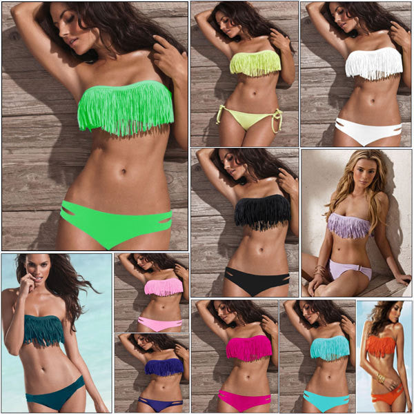Pure Color Long Tassels Strapless Padded Two Pieces Swimwears