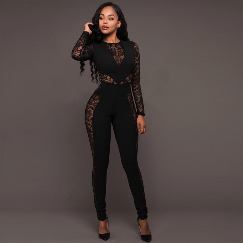 Lace Patchwork Long Sleeve Back Zipper Slim Long Jumpsuit – May Your ...