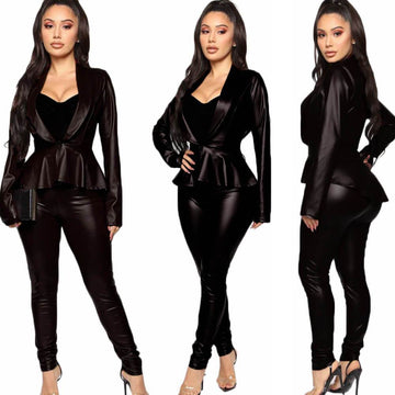 PU Deep V-neck Crop Top High Waist Skinny Pants Set