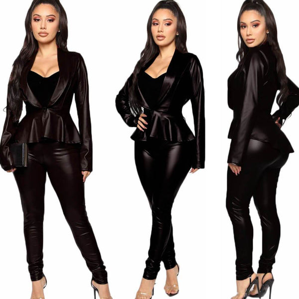 PU Deep V-neck Crop Top High Waist Skinny Pants Set